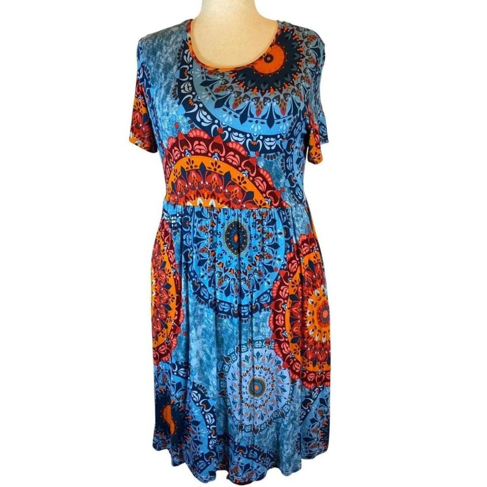DB Moon Women's Blue Orange Mandala Print Tunic Dress Size L